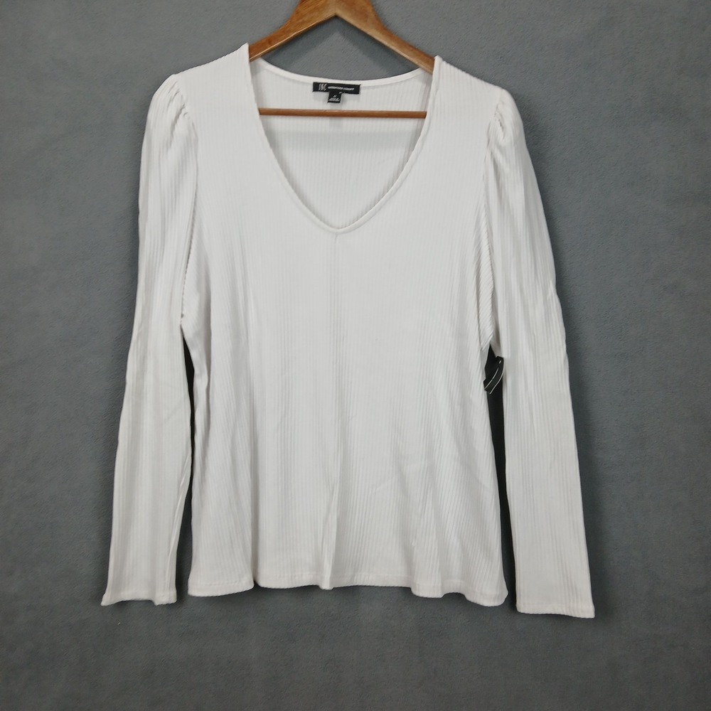 INC International Concept Fashion Basic Top Womens 1X White Ribbed Knit V Neck